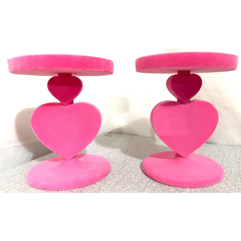 Set of 2 Bath & Body Works Pink Flocked Stacked Heart Candle Holders